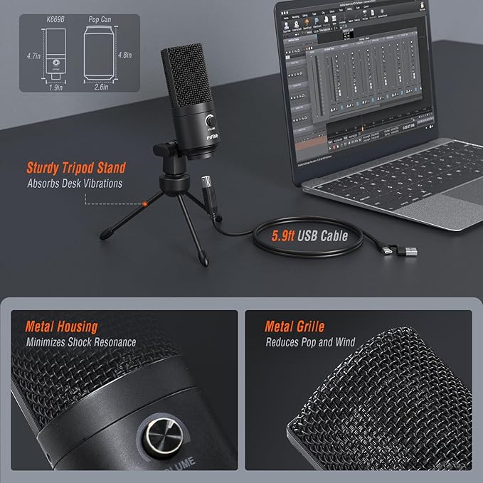 FIFINE USB Microphone, Metal Condenser Recording Microphone for MAC OS, Windows, Cardioid Laptop Mic for Recording Vocals, Voice Overs, Streaming, Meeting and YouTube Videos-K669B
