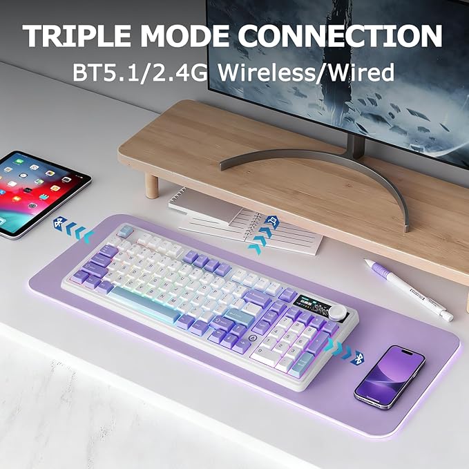 AK980 97Keys Tri-Mode Full Mechanical Keyboard, Gasket-Mounted, Hot-Swappable, 1.14” TFT Smart Display, Bluetooth 5.1/2.4G Wireless/Wired, PBT Keycaps RGB Backlit (Purple, Gift Linear Switch)