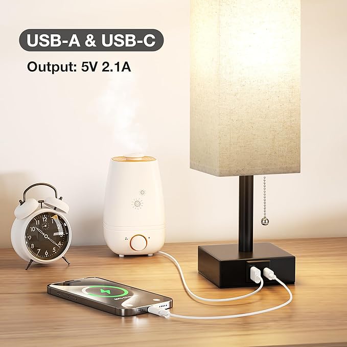 aooshine Small Linen Bedroom Lamp - 3 Color Temperature 3000K 5000K 4000K Bedside Lamp, Pull Chain Control, USB A and C Charging Ports, Black Base, for Kids Office Dorm, Bulb Included