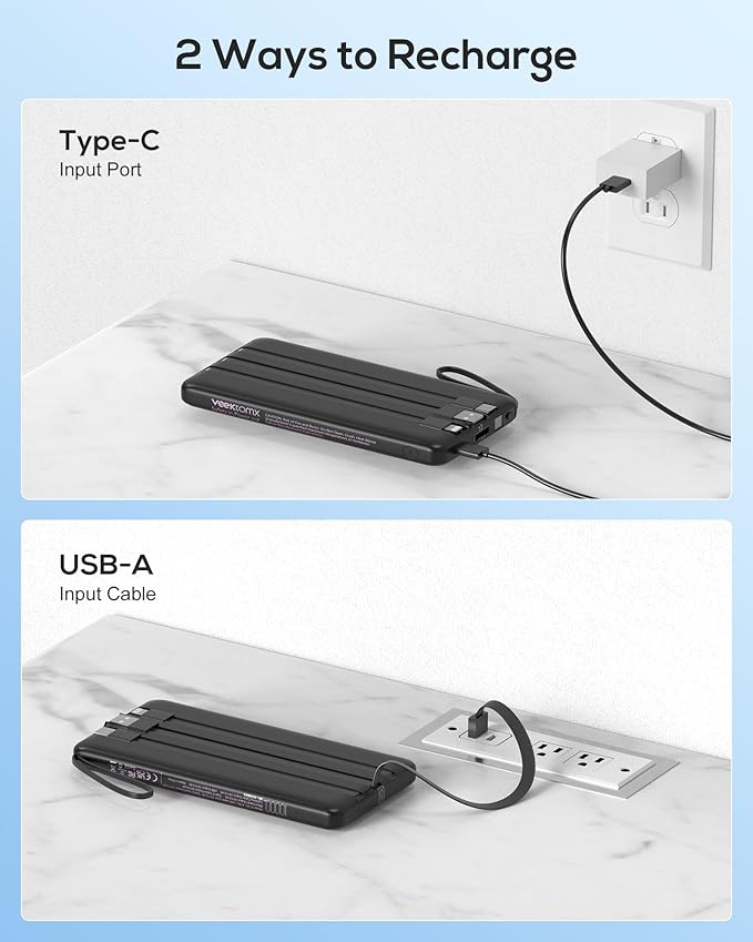 VEEKTOMX Portable Charger Built-in Cables, 10000mAh Power Bank for iPhone, Fast Charge USB C Battery Pack Travel Essentials Powerbank Compatible with iPhone 17/16/15/14, Samsung S25/24, Android, etc