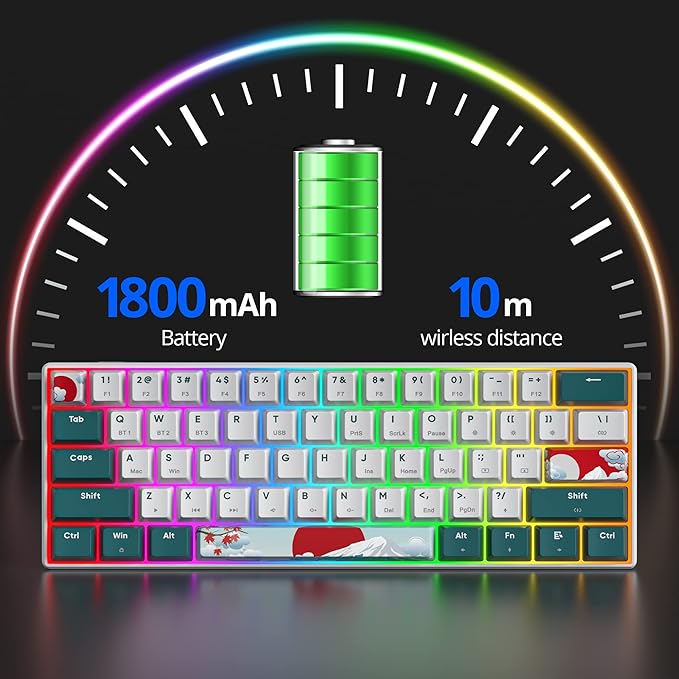Fogruaden 60% Wireless Mechanical Keyboard, Hot Swappable USB-C Wired/Bluetooth Keyboard with RGB Backlit for Win/Mac, 61 Keys NKRO Gaming Keyboards, Double Shot PBT Keycaps(Red Switch, Forest)
