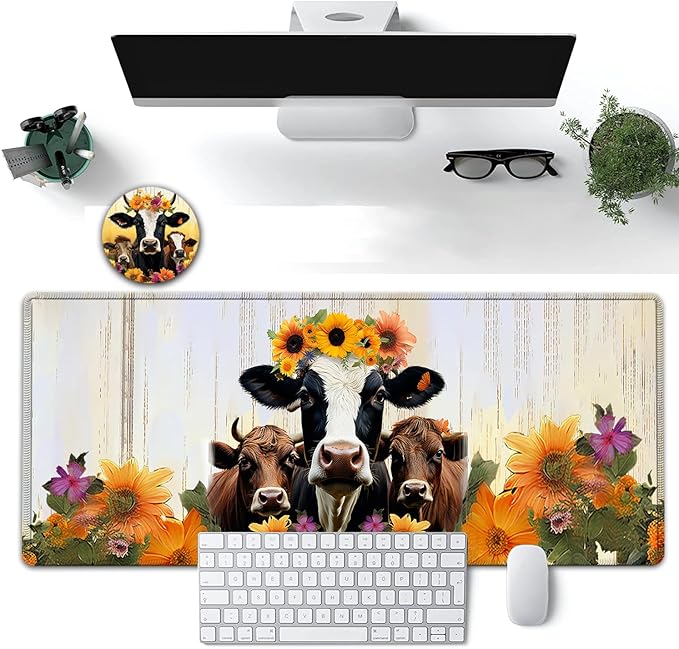 Large Mouse Pad, 31.5 x 11.8in Extended Gaming Mouse Pad with Stitched Edges, XXL Mousepad Protector Non Slip Rubber Base for Office & Home Writing Mat, Sunflowers Farmhouse Cow Pattern White Desk Mat