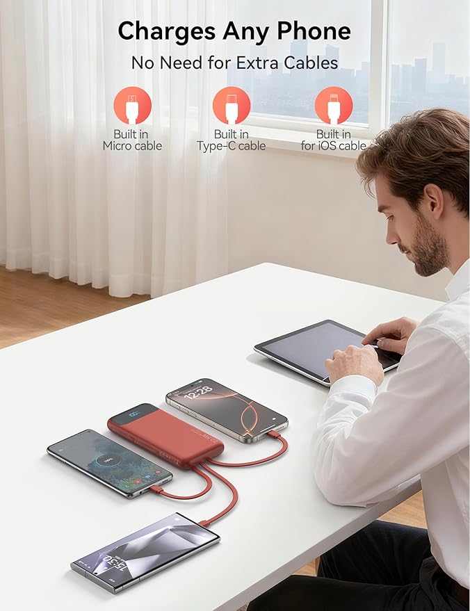 Portable Charger, 10000mAh 22.5W Fast Charging Power Bank with 4 Built-in Cables, Travel Essentials Battery Pack with LED Display, 6 Outputs Charging Bank Compatible with iPhone, iPad, Samsung etc Red
