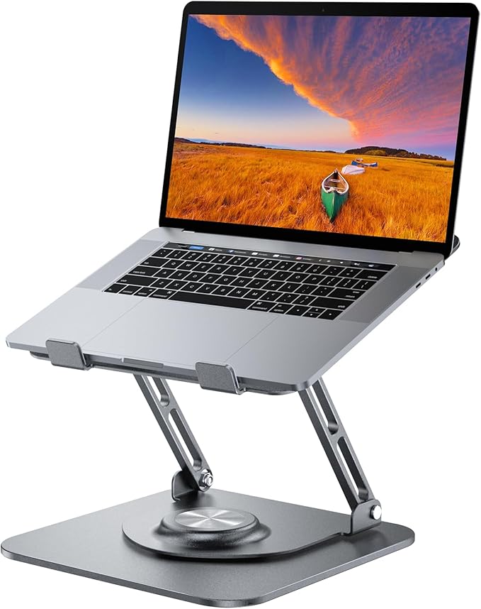 JOYEKY Laptop Stand for Desk, Adjustable Computer Stand with 360° Rotating Base, Ergonomic Laptop Riser for Collaborative Work, Foldable & Portable Laptop Stand, fits for All 10-16" Laptops (Grey)