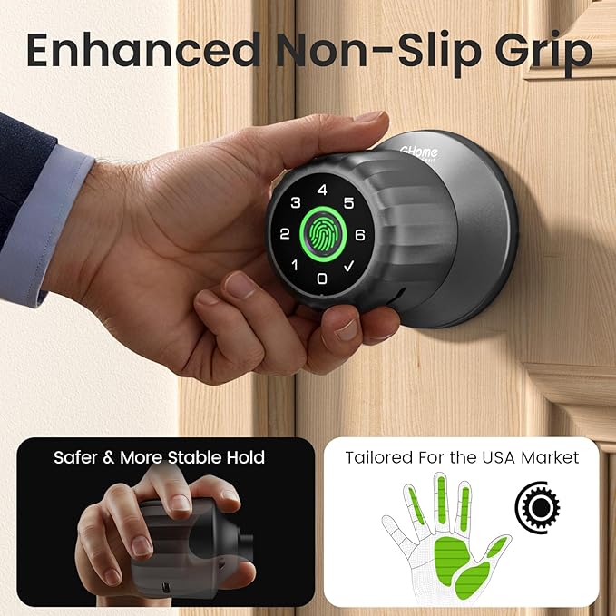 GHome Smart Fingerprint Door Lock, 4-in-1 Fingerprint Door Knob with Keypad, App Control, Keys, Removable & Rechargeable Battery, Door Locks for Bedroom, Home, Garage, Storage Room