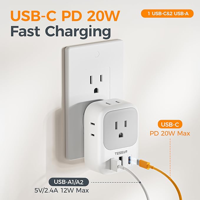USB Wall Charger, Wall Plug Adapter Outlet Extender, TESSAN 3 Charger Block (1 USB C Port), Multi Charging Station for Cruise, Bathroom, Office, Dorm Essentials