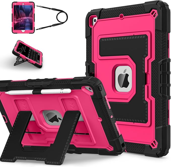 Kids Friendly Case for Apple iPad 10.2" 9th 8th 7th Generation 2021/2020/2019 Case with Pencil Holder & Shoulder Strap, Military Grade Shockproof Kickstand Hard Shell Protective Cover,Black+Rose