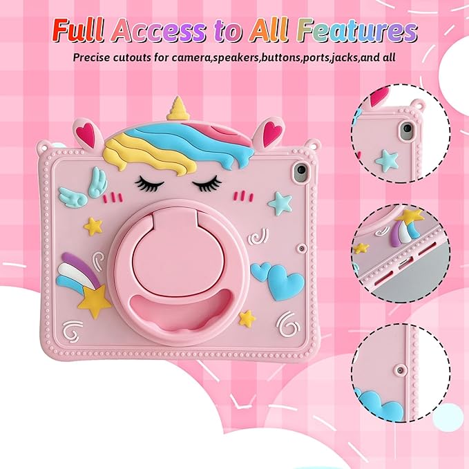 Dteck for iPad 9th/8th/7th Generation Case 10.2",Cute Cartoon Funda 3D Unique Design Light Rotating Handle Stand Shoulder Strap Soft Silicone Drop Rugged Shockproof Protective Kid-Proof Case,Unicorn