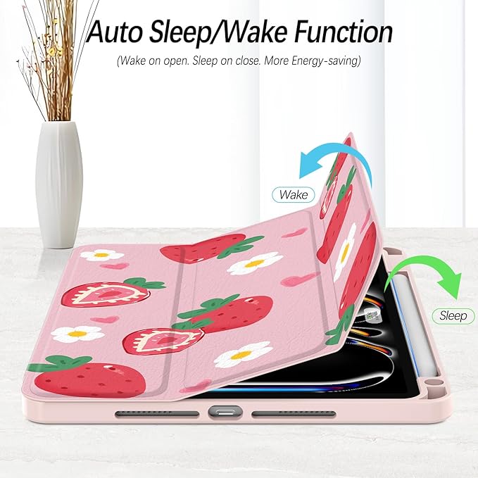 Case for iPad Pro 11-Inch M5/M4 2025/2024 (6th/5th Generation), Case with Pencil Holder, Clear Back Cover Cute Cool Design for Women Girls, Auto Sleep/Wake, Strawberry