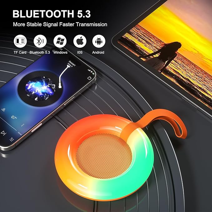 Bluetooth Shower Speaker,IPX7 Waterproof Speaker with Dynamic LED Light,Portable Bluetooth Speakers,Floating, True Wireless Stereo for Outdoor/Pool/Beach,BT5.3/TF-Card,Ideal Gifts(Orange)