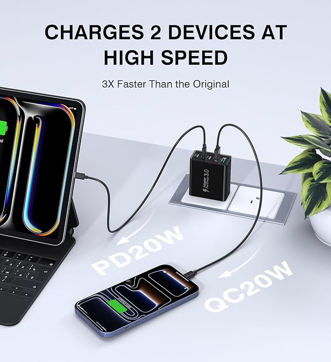 [2-Pack] USB C Wall Charger, 50W Type C Charger Block 5-Port Fast Charging Blocks,3USB C+2USB A Multiport Plug,PD Power Adapter Brick Cube for iPhone 17/16/15/14/13/Pro,iPad,Samsung,for Switch（Black）