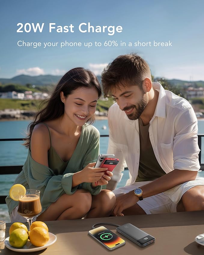 charmast 20000mAh Portable Charger with Built in Cables, 22.5W Travel Power Bank Fast Charging, USB C Cell Phone Battery Pack for iPhone 17/16/15/14/13/12 Series, iPad, Samsung, Android, Tablet