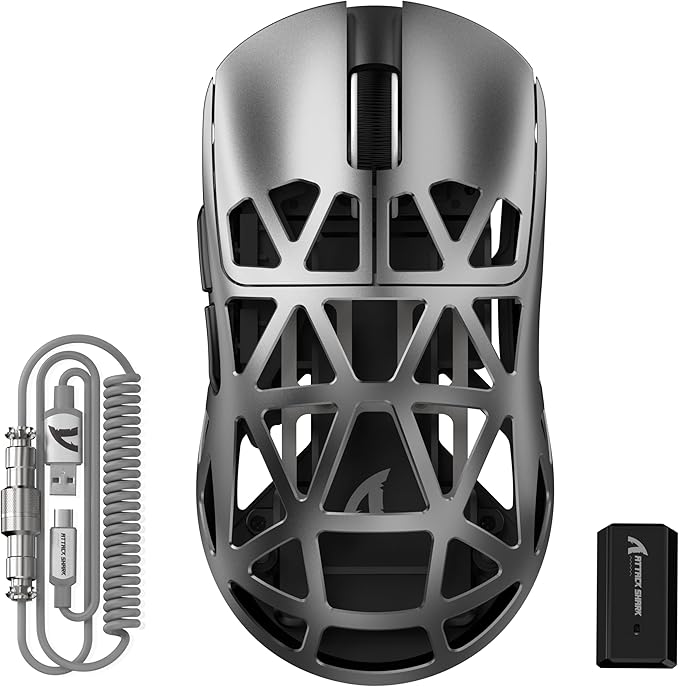 ATTACK SHARK R2PRO 45g Superlight Magnesium Alloy Mouse, PixArt PAW3950 Sensor, 42000DPI, 8000Hz Wireless Polling Rate, 2.4G/BT/Wired Gaming Mouse, Programmable Mice with Coiled Cable, PC/Mac, Grey