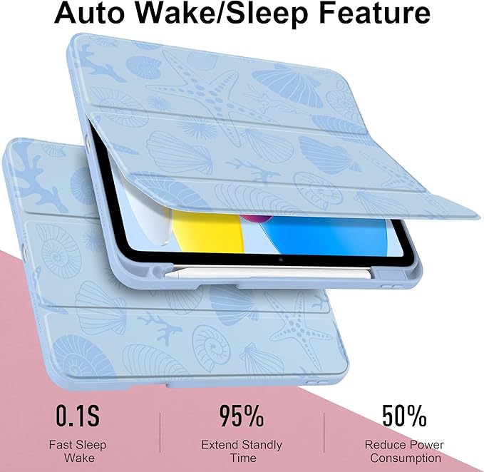Case for iPad Air 13 inch 2026 M4 2025 M3 2024 M2 Release Slim Lightweight Shockproof Cute Blue Cover with Clear Back TPU Edge Pencil Holder Trifold Stand Auto Wake Sleep, Starfish and Shells
