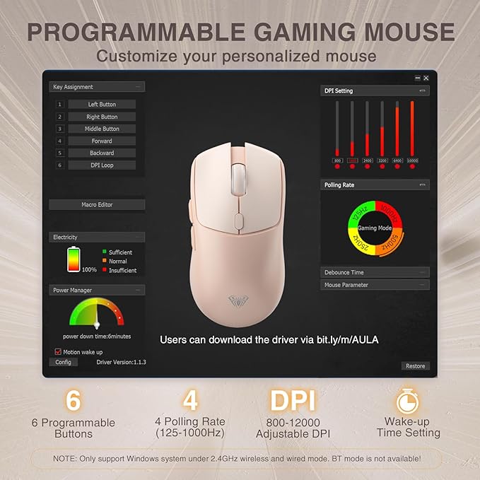 AULA SC580X Wireless Gaming Mouse, Tri-Mode 2.4G/BT5.0/USB-C Gaming Mice with 12000 DPI, 6 Programmable Buttons, Rechargeable Computer Mouse for Laptop/PC/Mac/Tablet