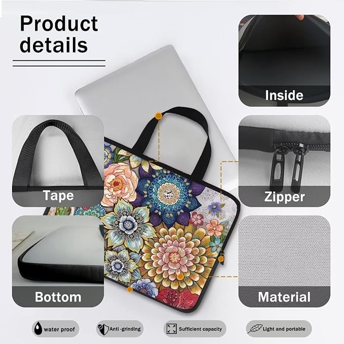15 Inch Boho Flowers Laptop Sleeve for Women Girl, Slim Water Resistant Computer Carrying Case with Handle, Durable Protective Laptop Tote Bag Cover Compatible with Tablet/Notebook/Reader