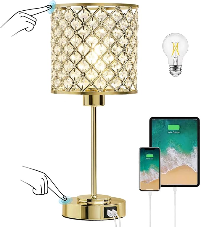 GyroVu Crystal Table Lamp for Bedroom, Touch Control Bedside Lamp with USB-C+A Ports, Dimmable Gold Bedside Lamp with Bulb, Nightstand Lamp Modern Light for Living Room