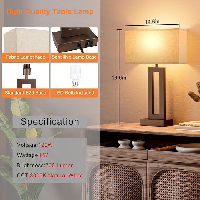 Seealle Bedroom Lamps for Night Stands - Touch Control, 3 Way Dimmable, USB C+A Charging, LED Bulbs, Easy Assembly(Yellow&Brown)