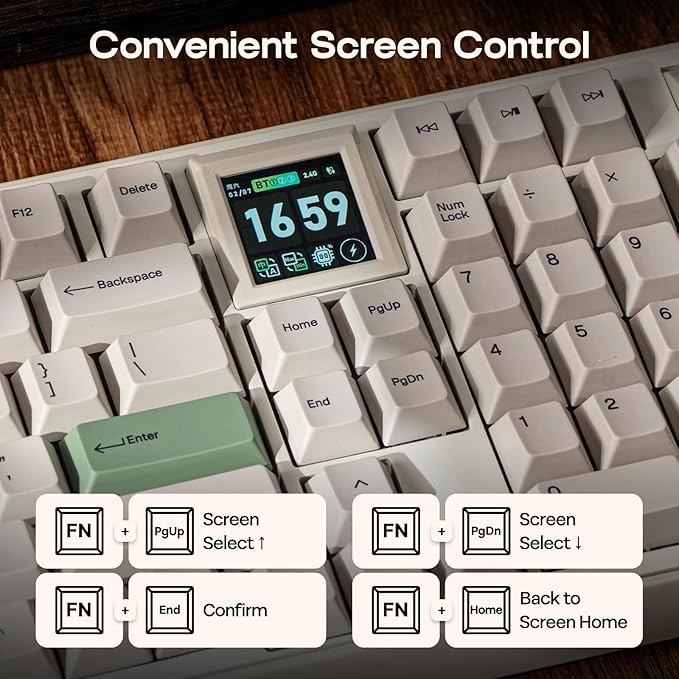 EPOMAKER RT100 PRO Wireless Gaming Keyboard with 1.54" Screen&Knob, RGB, 2.4Ghz/BT/USB-C, Hot Swap, 5000mAh, PBT Keycap, Custom Driver, Retro Mechanical Keyboard for Win/Mac (White, Creamy Jade)