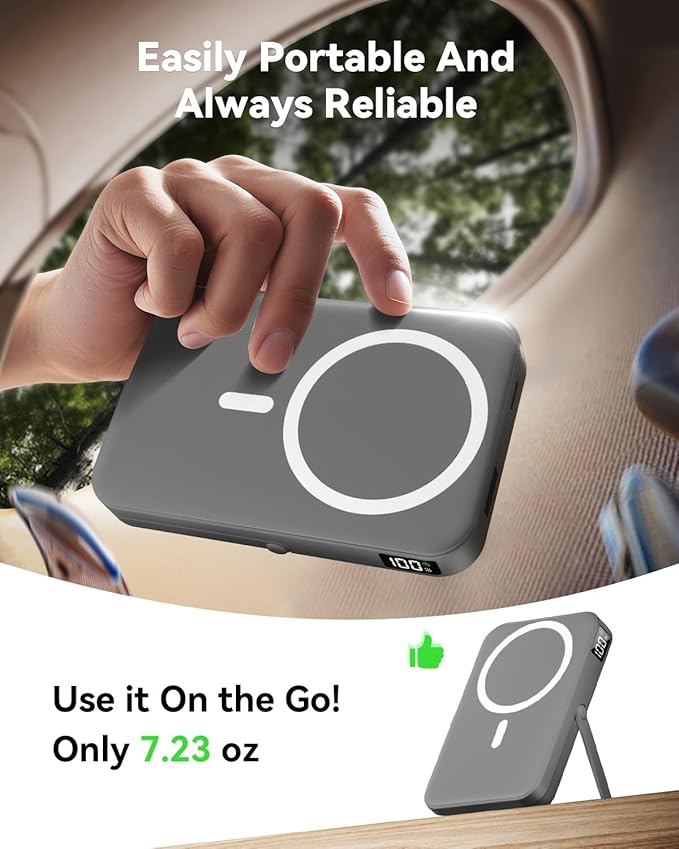 Magnetic Power Bank 10000mAh with for MagSafe Charging,PD 22.5W Fast Charge,Foldable Stand,Dual USB Output,LED Display (Space Gray)