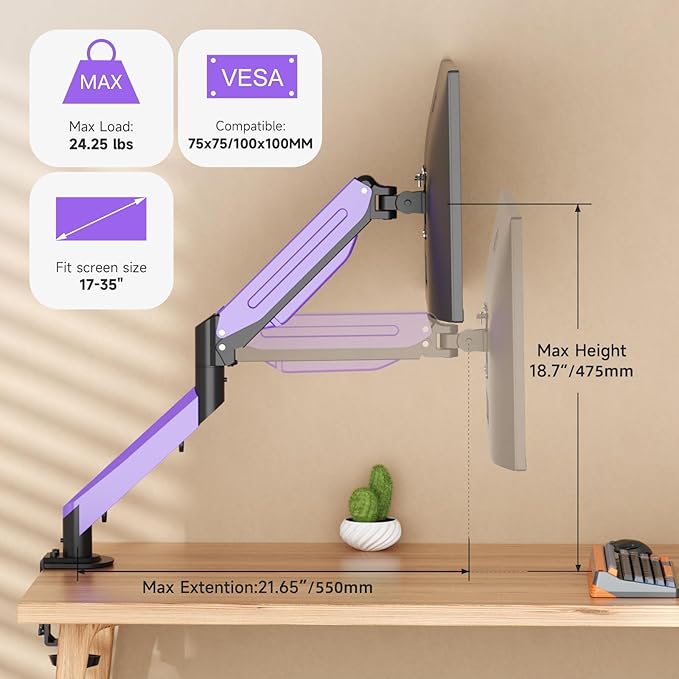 Suptek Monitor Mount Gas Spring Monitor Arm Desk Mount Fully Adjustable Fits 17-35 inch Monitors Weight Capacity up to 24.25 lbs, Black+Purple