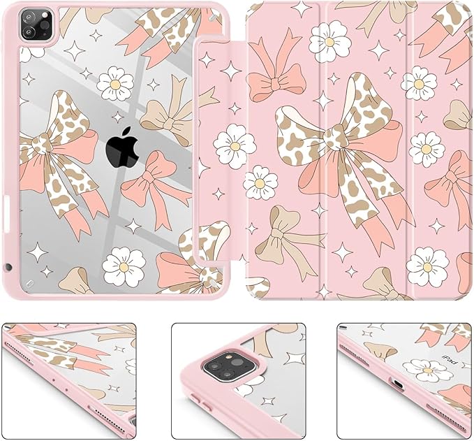 Tuiklol for iPad Pro 11 Inch 4th / 3rd / 2nd / 1st Gen (2022 2021 2020 2018) Case -Built-in Pencil Holder Shockproof Cover Clear Transparent Back Shell with Auto Wake/Sleep, Leopard Bow Gary