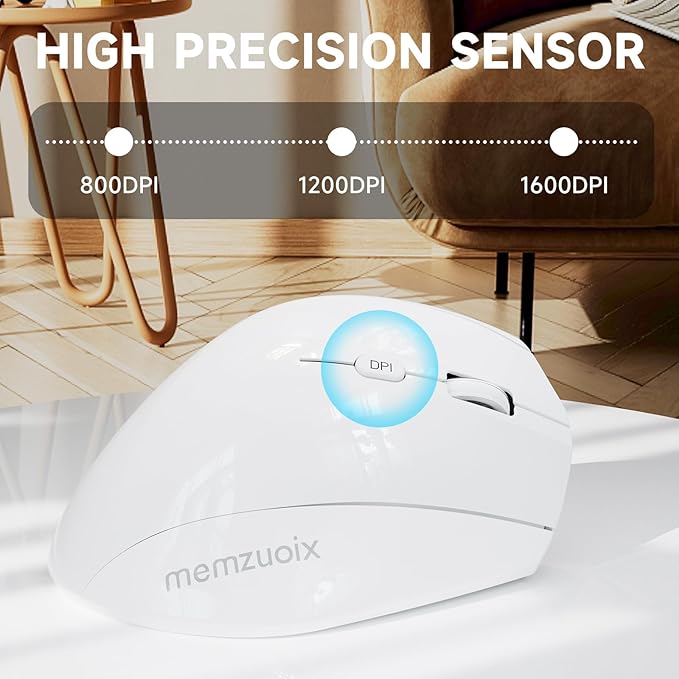 memzuoix Ergonomic Wireless Mouse, 2.4G Optical Cordless, 800/1200/1600 DPI, Vertical Computer Mouse for Laptop, Mac, PC, Desktop (Right Hand, Large) - White