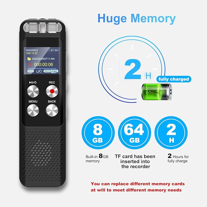 72GB Digital Digital Voice Recorder: Voice Activated Recorders with Playback, Audio Recording Device for Lectures Meetings, Dictaphone Sound Portable Tape Recorder with Password | USB