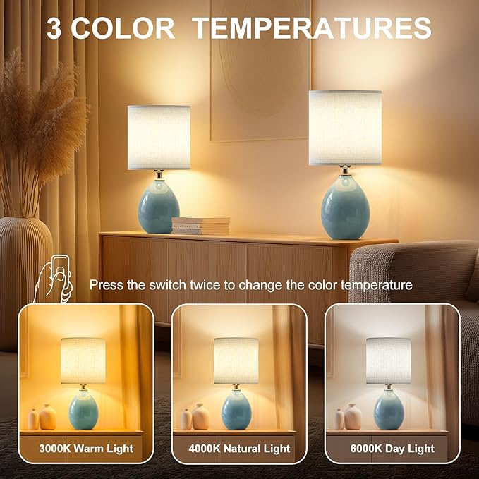 Dawnwake 18.5" Table Lamp Set of 2 for Living Room Bedroom, Bedside Lamps for Night Stands, Desk Nightstand Lamp Dimmable, Modern Linen Cream Ceramic Lamps (Blue)