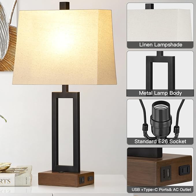 Rinweey 23.5" Table Lamps Set of 2, Modern Black Bedside Lamps with 2 USB Ports & AC Outlet, Contemporary Nightstand Lamps with Wood Base for Bedroom Living Room(LED Bulb Included)