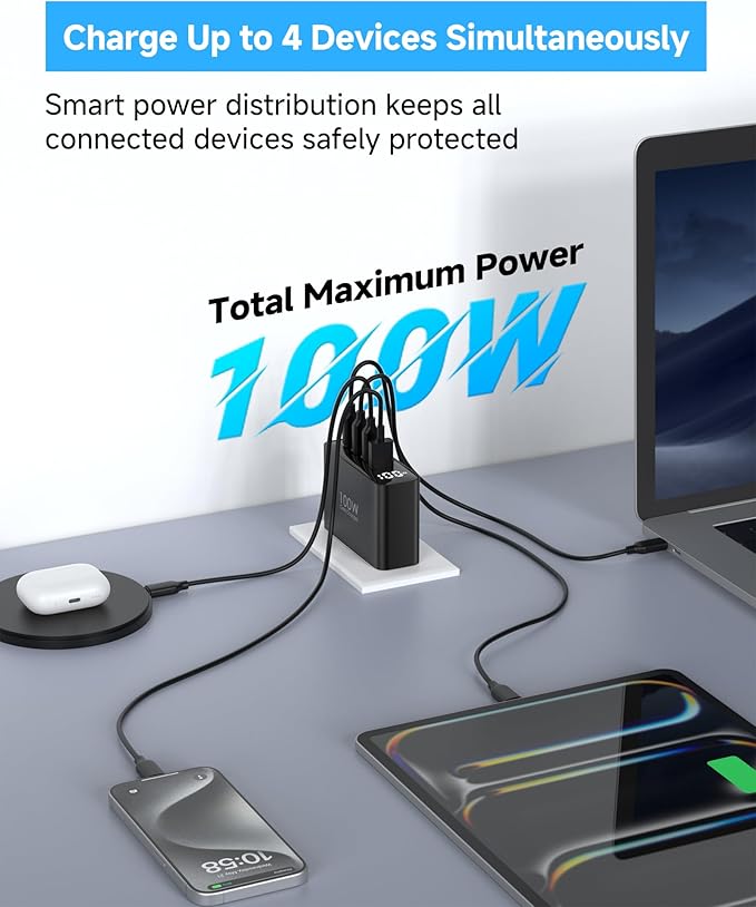 TOPADRE 100W USB C Charger, 4-in-1 Charging Station with LED Dispay, GaN Compact Foldable Laptop Charger for MacBook Pro/Air, iPad Pro, for iPhone 17/16/15 Pro Max, 2 Pack