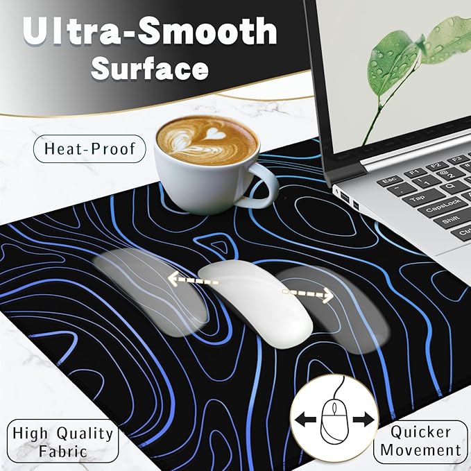 UJoowalk Topographic Mouse Pad Large, Gaming Mouse Pad, XL Mousepad, Keyboard and Mouse Pad, Desk Mat, 31.5 x 11.8 in, Black White Minimalist Contour for Office