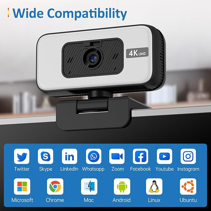4K Webcam for Loptop, Web Camera with Light, AI PDAF AutoFocus, Zoom, Noise Canceling Microphone for PC Mac Streaming