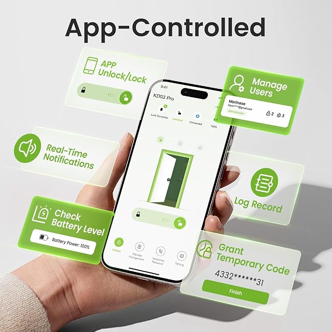 GHome Smart Fingerprint Door Lock, 4-in-1 Fingerprint Door Knob with Keypad, App Control, Keys, Removable & Rechargeable Battery, Door Locks for Bedroom, Home, Garage, Storage Room