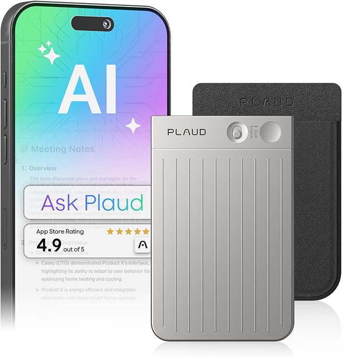 Plaud Note AI Voice Recorder, Note Taker w/Case, App Control, Transcribe & Summarize with AI, Support 112 Languages, for Meetings, Calls, Lectures, Professionals, Teams, Silver, Non-Pro Version