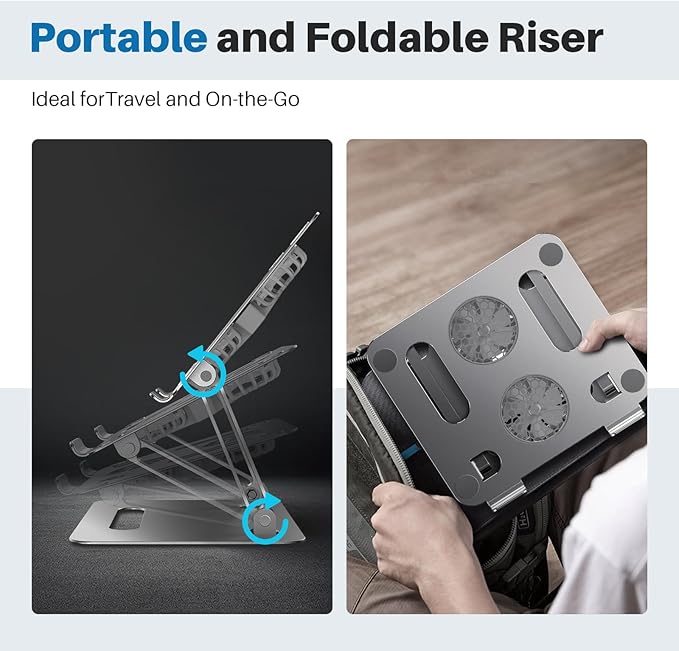 YICOSUN Adjustable Laptop Cooling Stand with 2 Quiet Fans & RGB Lighting, Aluminum Alloy & Foldable Ergonomic Design for MacBook, Lenovo, ASUS, Dell 10-16 Inch, Perfect for Gaming, DJ, Office - Gray