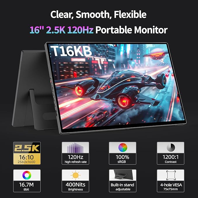 Intehill 16" 2.5K Portable Monitor, Second Laptop Screen Extender for Travel, Touchscreen Monitor for the Demanding Professionals, 120Hz Portable Gaming Monitor with Built-in Stand, T16KB (Black)