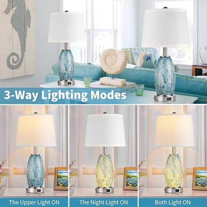 Lovlast Table Lamps Set of 2 with 3-Way Lighting Modes, USB & Type C Ports - Coastal Modern Style Glass Nightstand Lamps for Living Room & Bedroom Decoration (23.5" H)
