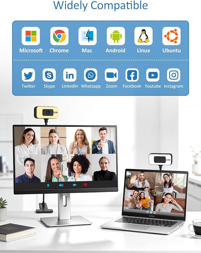 Webcam for PC, 4K Streaming Camera with Light, Web Camera for Desktop/Laptop Computer Webcam with Microphone, Plug and Play USB Web Cam with Bracket, for Live Streaming, Video Calls, and Meetings