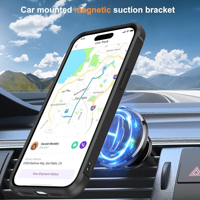 SKYLMW Compatible with iPhone 14 Pro Case with Invisible Magnetic O-Ring Stand Military-Grade Translucent Case for iPhone 14 Pro 6.1" [Compatible with Mag-Safe][Great Grip Feeling], Black
