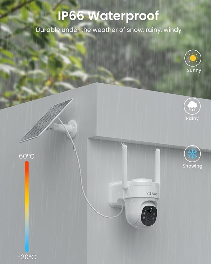 VIZIUUY Solar Security Cameras Wireless Outdoor, 3MP Pan/Tilt 360°View Solar/Battery Powered WiFi Camera with Color Night Vision/PIR Sensor/2-Way Audio/Alexa(3 Pack)
