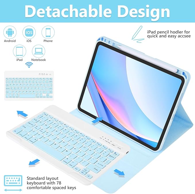 TaIYanG Keyboard Case for iPad Pro 11-inch M5/M4(2025/2024)- Detachable Magnetic Bluetooth Keyboard Case with Pencil Holder - Flip Stand Cover for iPad Pro 11 Inch 2024, Light Blue