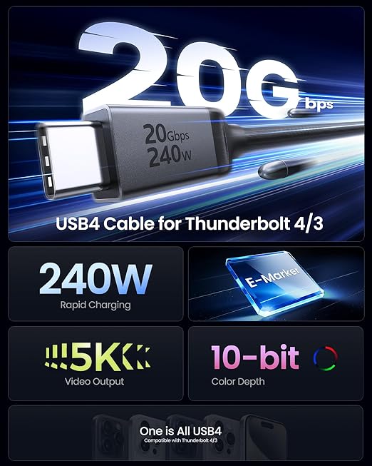Silkland USB 4 Cable Long for Thunderbolt 4 Cable 16.5FT/5M, 20Gbps Data Sync, 5K/4K@60Hz, 240W Charging, USB C Thunderbolt Cable, Compatible for MacBook, Monitor, Dock, iPhone 17, VR Headset, Camera