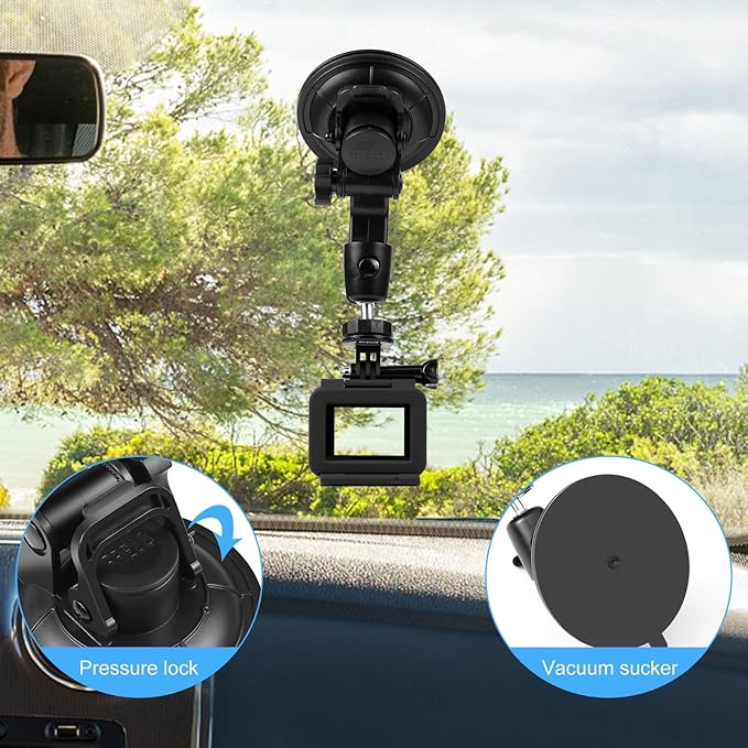 PULUZ Car Suction Cup Mount for GoPro/Insta 360/DJI Osmo Action Camera Vehicle Window & Windshield Mount Holder Camera Mount with 2.3-3.3 inch Phone Clamp & Tripod Adapter
