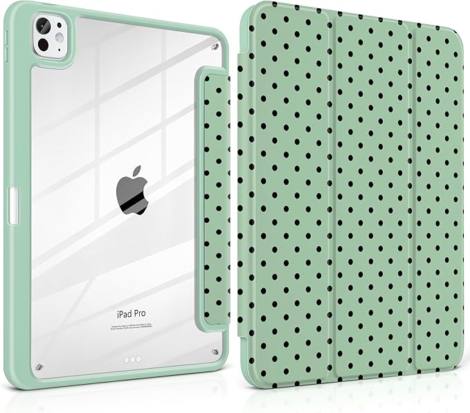 Case for iPad Pro 11 Inch (M5 2025 M4 2024) – [Built-in Pencil Holder], Shockproof & Stylish, Clear Hard Back + Soft TPU Edge, Magnetic Trifold Stand, Auto Wake/Sleep, Green Polka dot