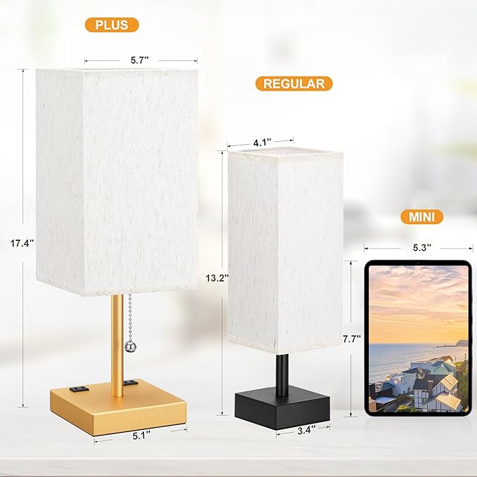 aooshine Medium Table Lamp with USB Ports - 3 Color Temperature Bedside Lamp for Bedroom, Pull Chain Control, USB A and C Ports, 2 AC Outlets, Bulb Included