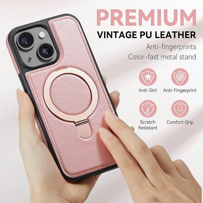 for iPhone 14 Plus Case with Stand Compatible with Magsafe Slim PU Leather & Durable TPU Drop Proof Magnetic Kickstand Protective Cover with Tempered Glass Screen Protector 6.7", Rose Gold