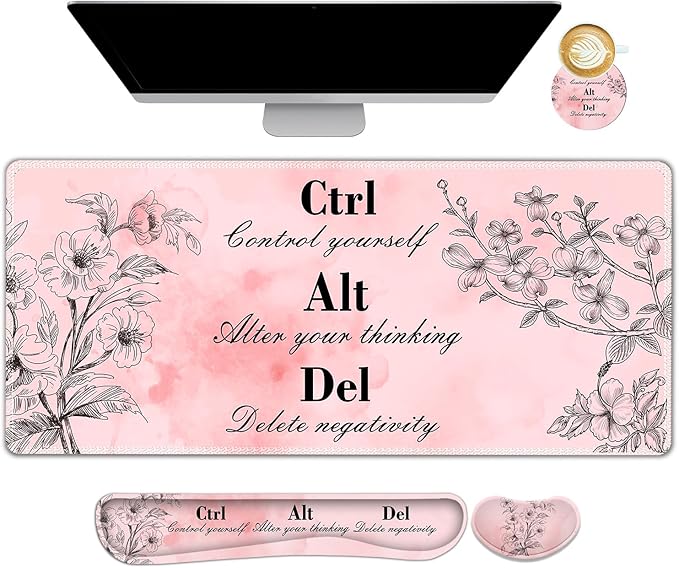 Large Gaming Mouse Pad Pink Floral, Ergonomics Keyboard Desk Mat with Wrist Rest, Cute Extended Game Mousepad, Non-Slip Desk Matt Easy Typing I Inspirational with Positive Quotes Ctrl Alt Del