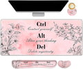 Large Gaming Mouse Pad Pink Floral, Ergonomics Keyboard Desk Mat with Wrist Rest, Cute Extended Game Mousepad, Non-Slip Desk Matt Easy Typing I Inspirational with Positive Quotes Ctrl Alt Del