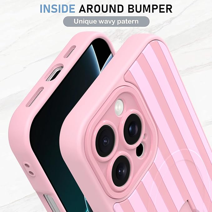 KANGHAR Compatible with iPhone 16 Pro Case, Support for MagSafe, Silicone Stripes Cute Pattern, Wristband Kickstand Camera Protection Soft Slim Cover for Girls Women -Pink
